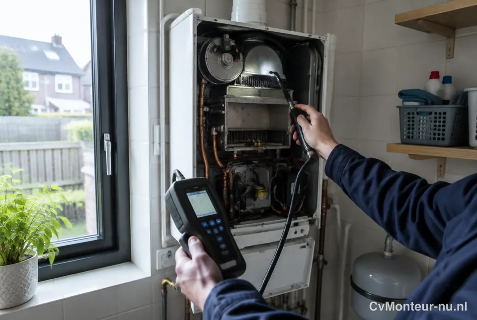 Monteur controleert een geopende cv-ketel