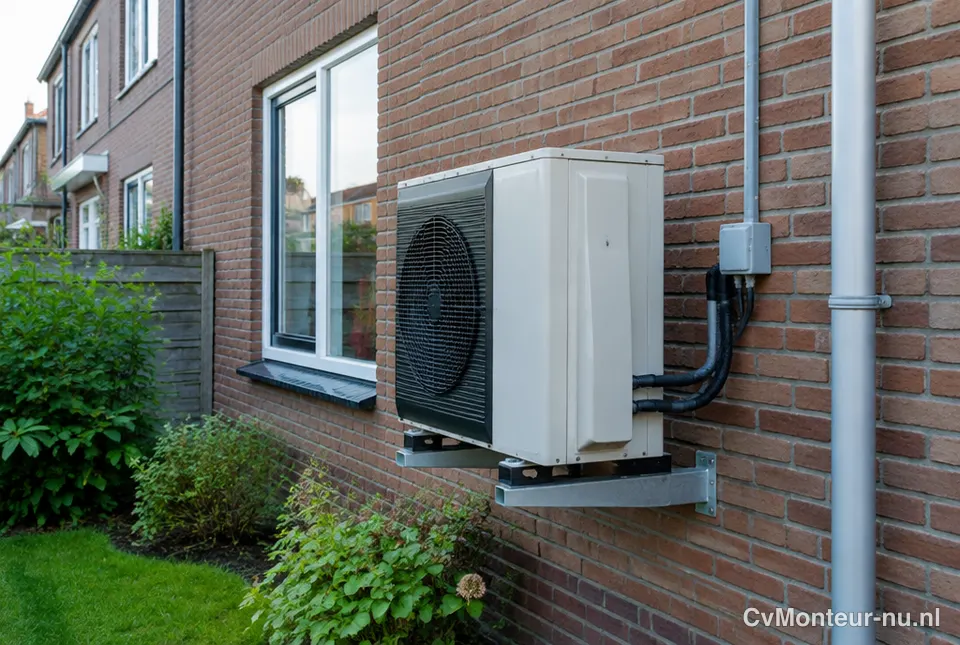 Buitenunit van een hybride warmtepomp tegen een huis