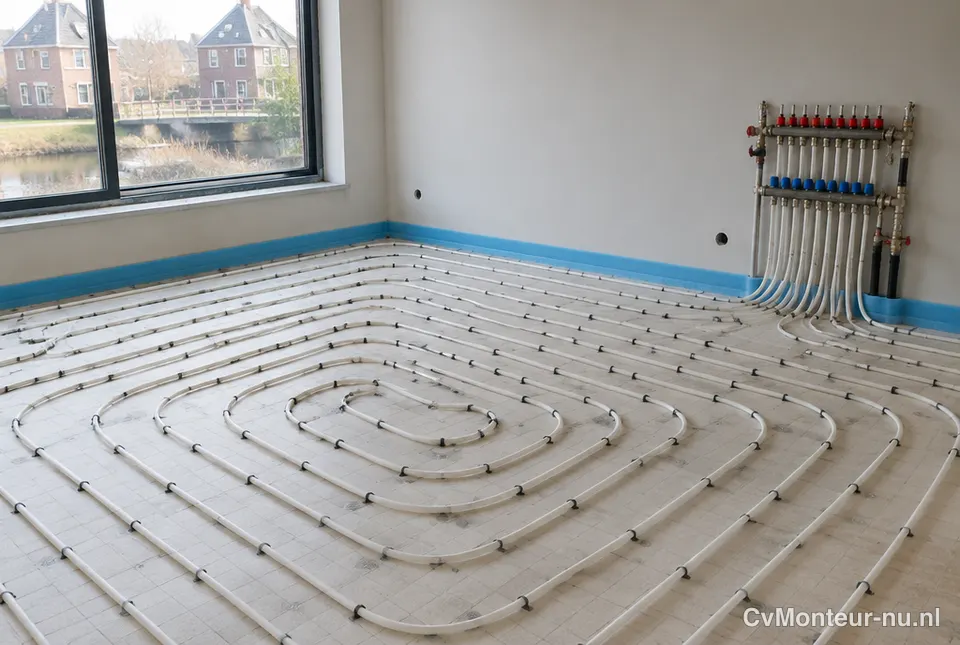 Vloerverwarmingsleidingen op een vloer voor de dekvloer